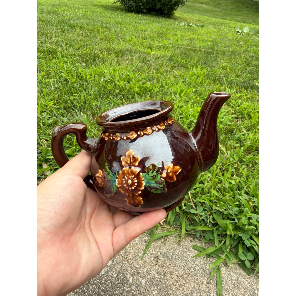 Vintage Japan Brown Drip Glaze Ceramic Teapot Embossed Hand Painted No Lid